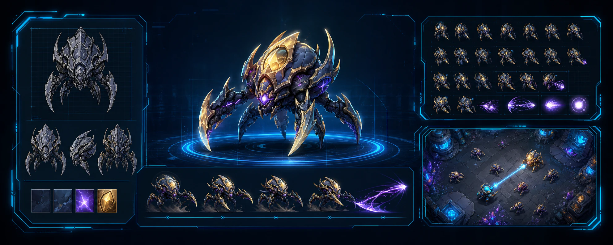 Sci-fi character production pipeline showing concept art, animation poses, sprite frames, and a playable top-down game scene