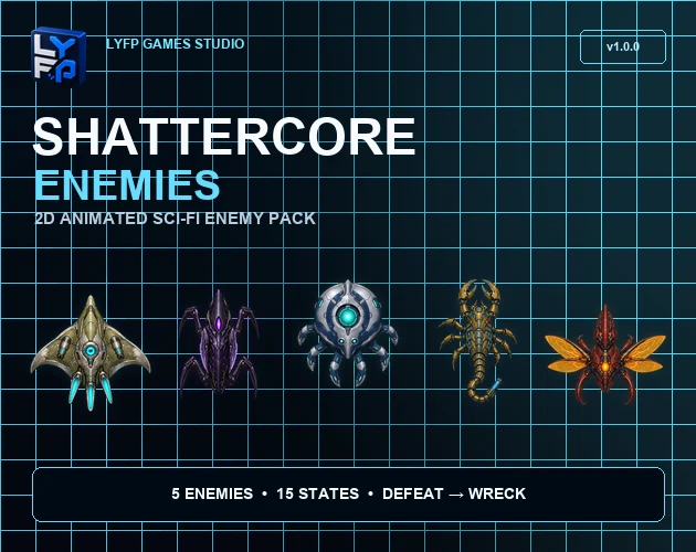 Five animated mechanical enemies from Shattercore Enemies