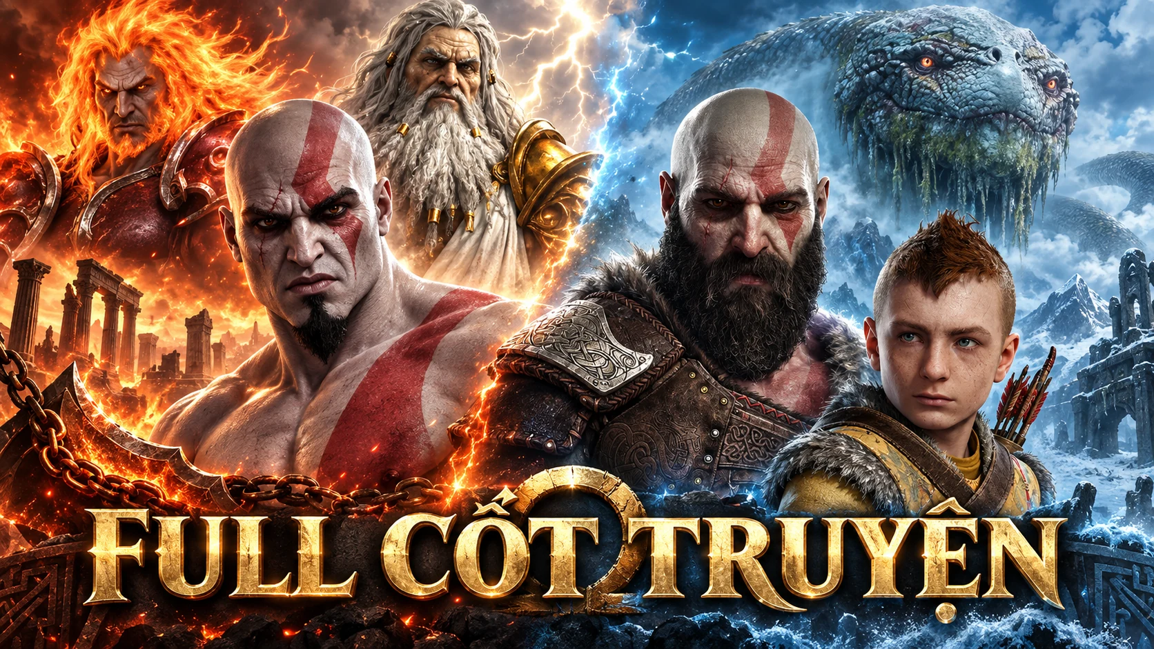 Two eras of Kratos in an AI illustration combining Kratos, Atreus, and Greek and Norse mythology.