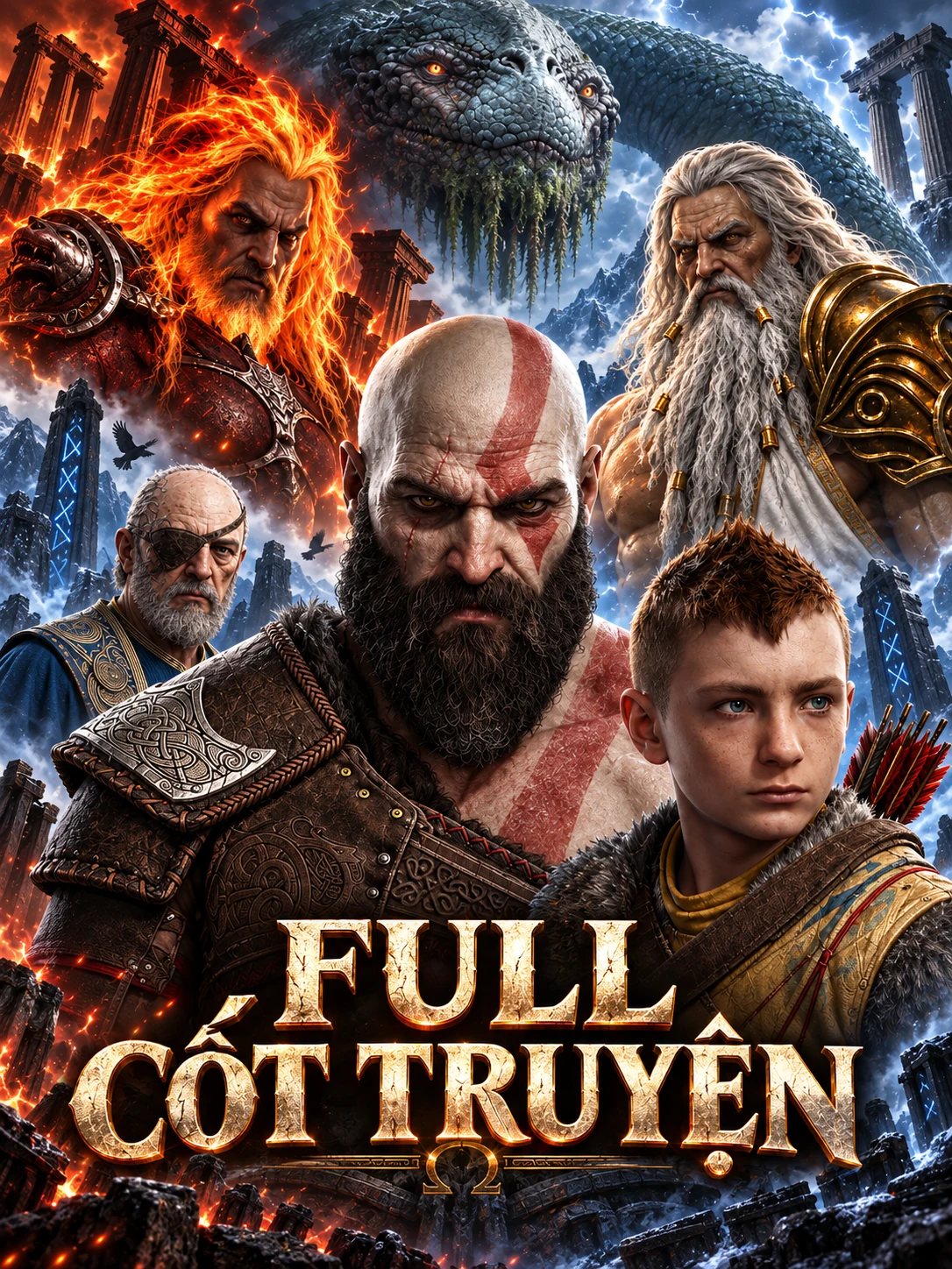 Father and son between mythologies in an AI illustration combining Kratos, Atreus, and Greek and Norse mythology.
