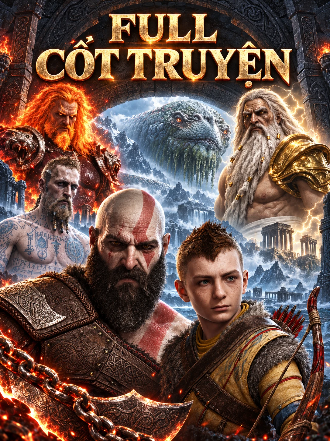 Through the gate of memory in an AI illustration combining Kratos, Atreus, and Greek and Norse mythology.