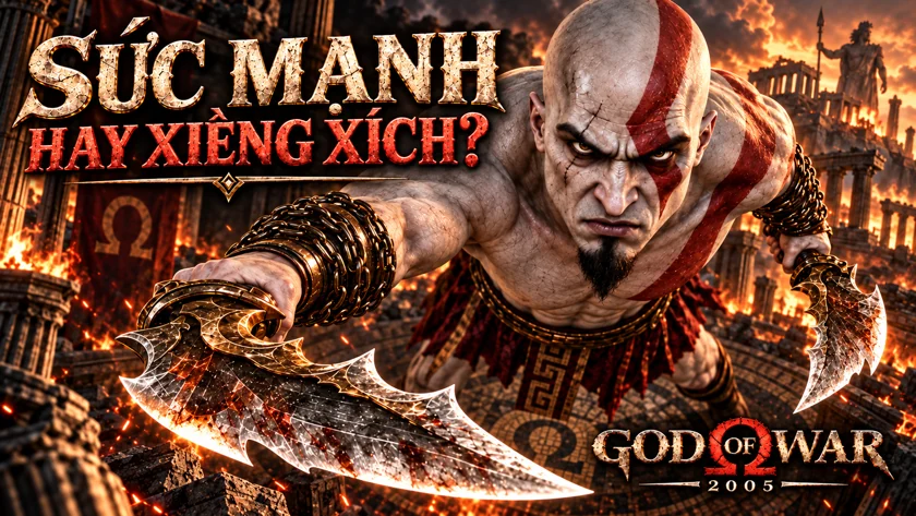 AI illustration of Kratos wielding chained blades above a burning Greek city, with the Vietnamese question Power or shackles? and the God of War 2005 logo.