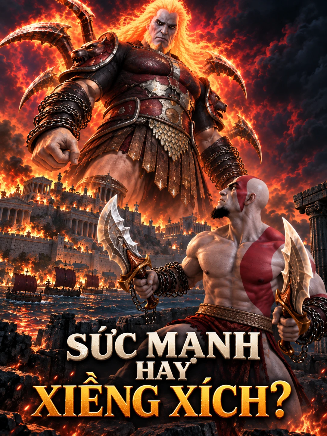 Portrait AI illustration: Kratos looks up at Ares amid burning Athens, with the Vietnamese question Power or shackles?