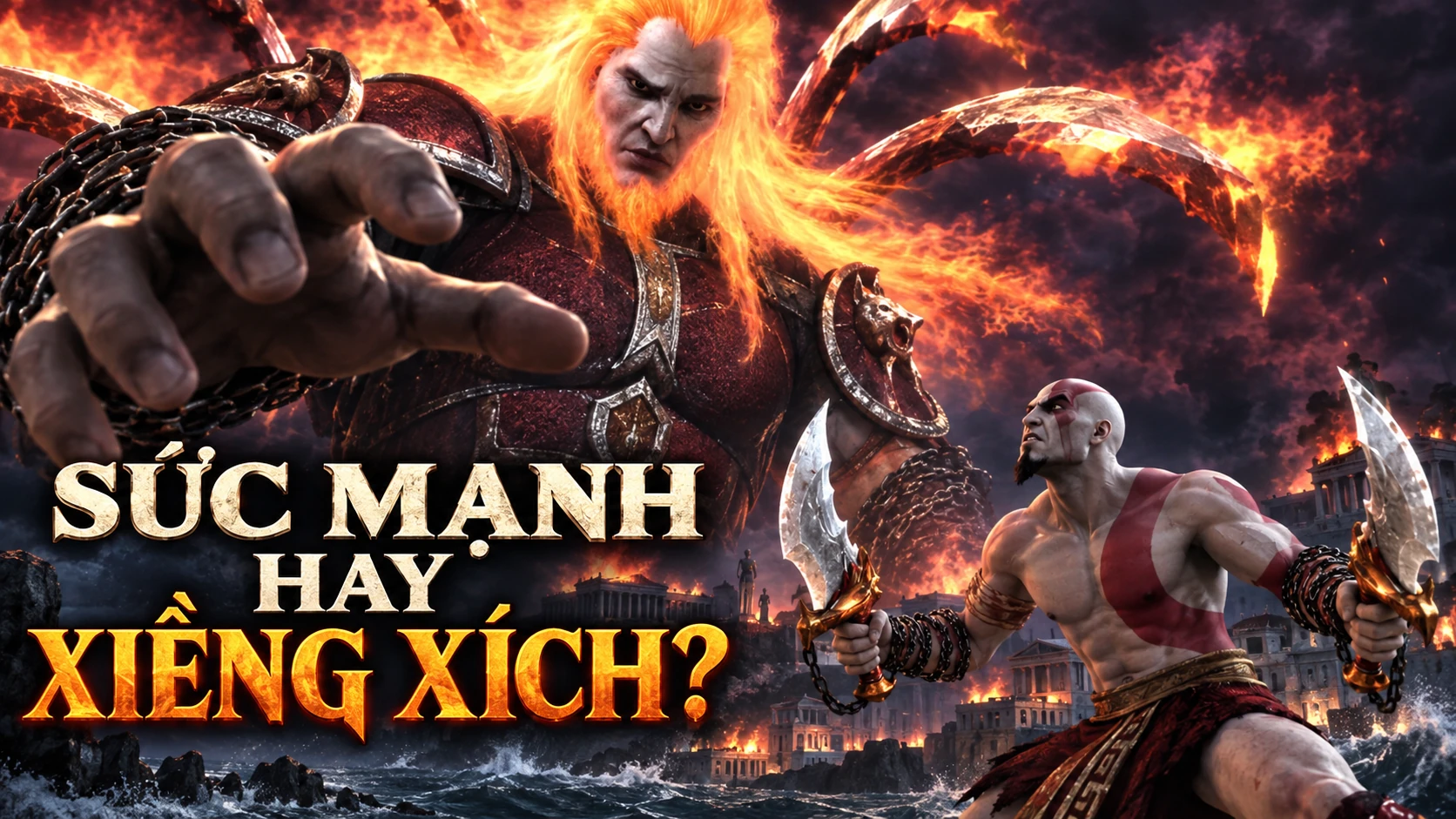 AI illustration: a towering Ares reaches over burning Athens, with Kratos and his chained blades in front and the Vietnamese question Power or shackles?