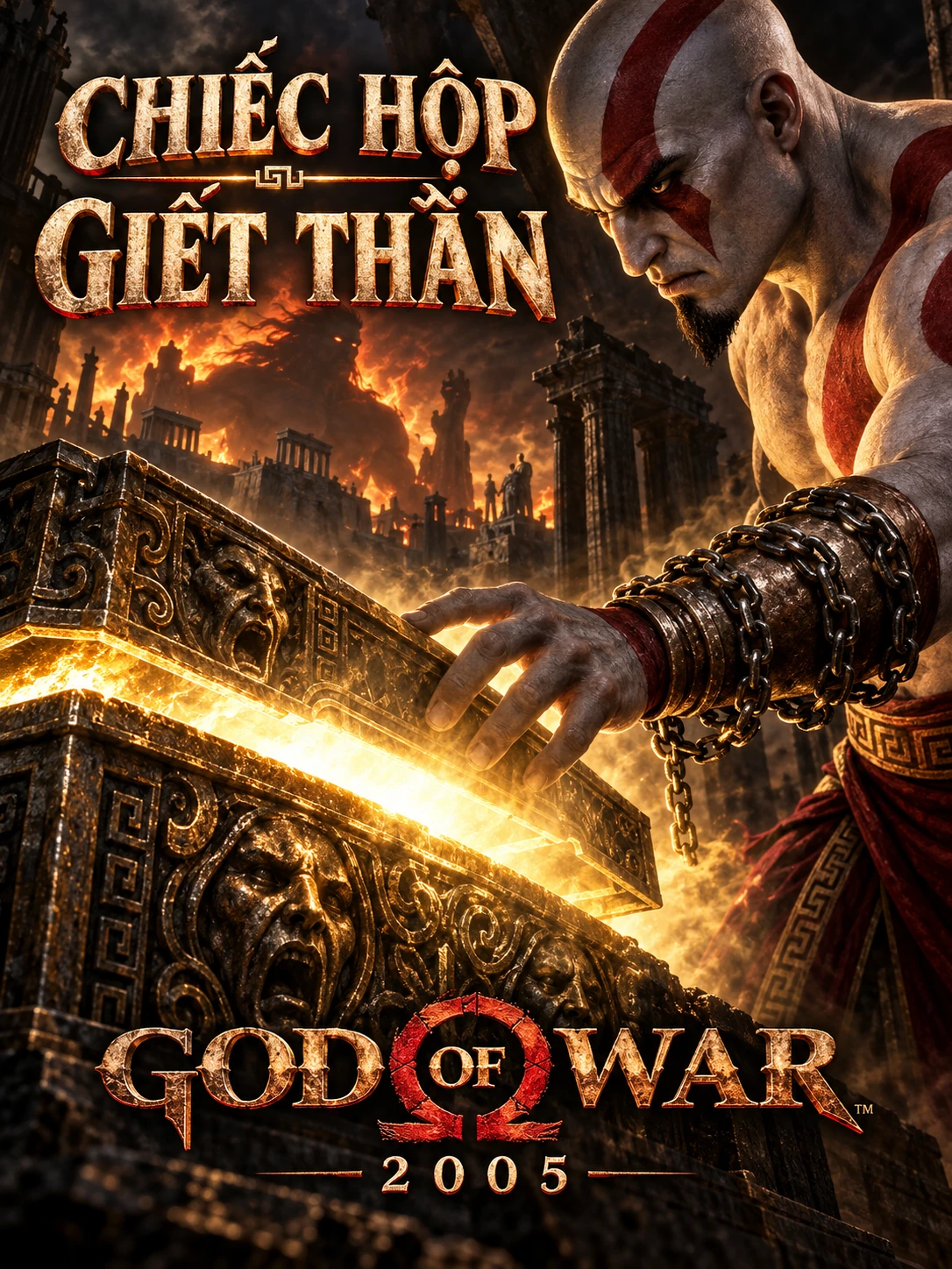 AI illustration: Kratos beside a glowing Pandora’s Box, with Greek architecture behind him.
