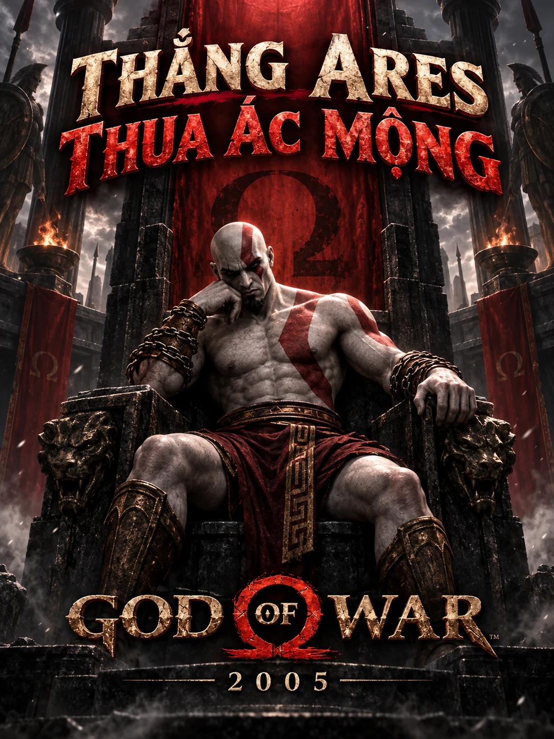 AI illustration: Kratos on a throne in a dark hall, with a Vietnamese headline about defeating Ares but not his nightmares.