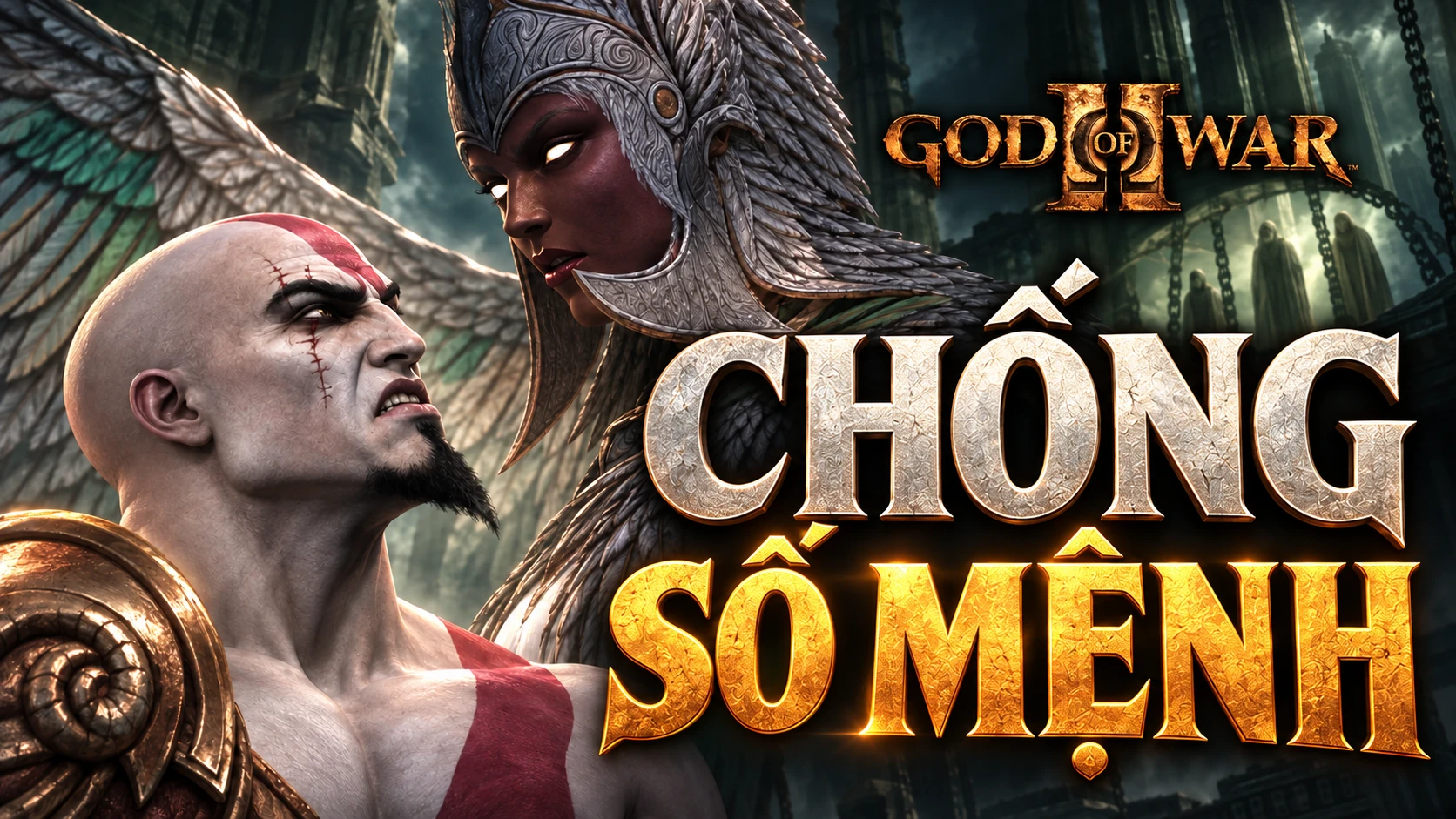 AI illustration: Kratos faces Lahkesis beneath a temple roof, with a Vietnamese headline about defying fate and the God of War II logo.