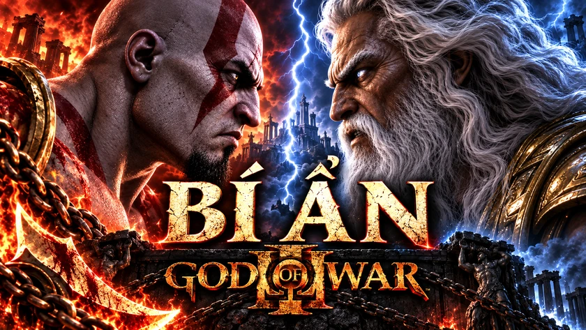 AI illustration: Kratos faces Zeus amid red fire, blue lightning and Olympus, with Vietnamese mystery lettering and the God of War III logo.