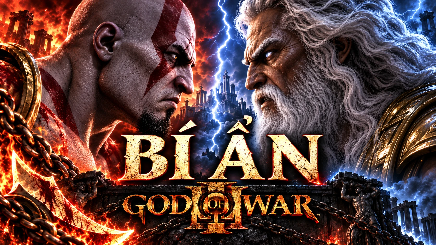 AI illustration: Kratos faces Zeus amid red fire, blue lightning and Olympus, with Vietnamese mystery lettering and the God of War III logo.