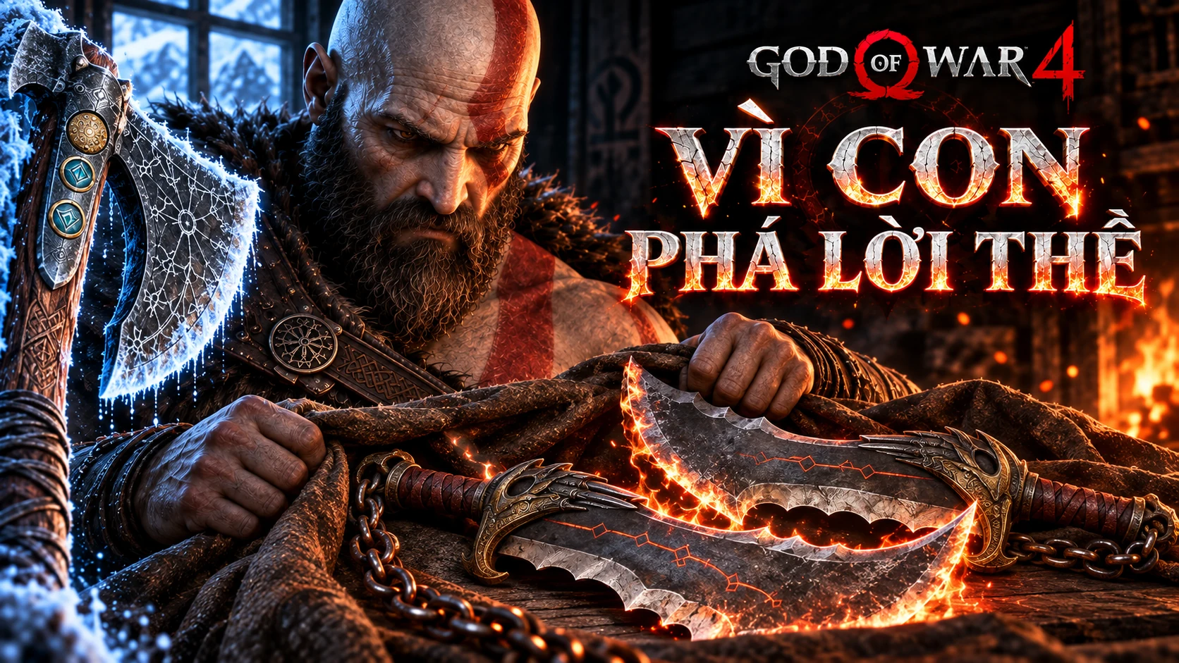 AI illustration: Kratos unwraps the Blades of Chaos beside the frost-covered Leviathan Axe, with a Vietnamese editorial headline meaning “For his son, he breaks his vow.”