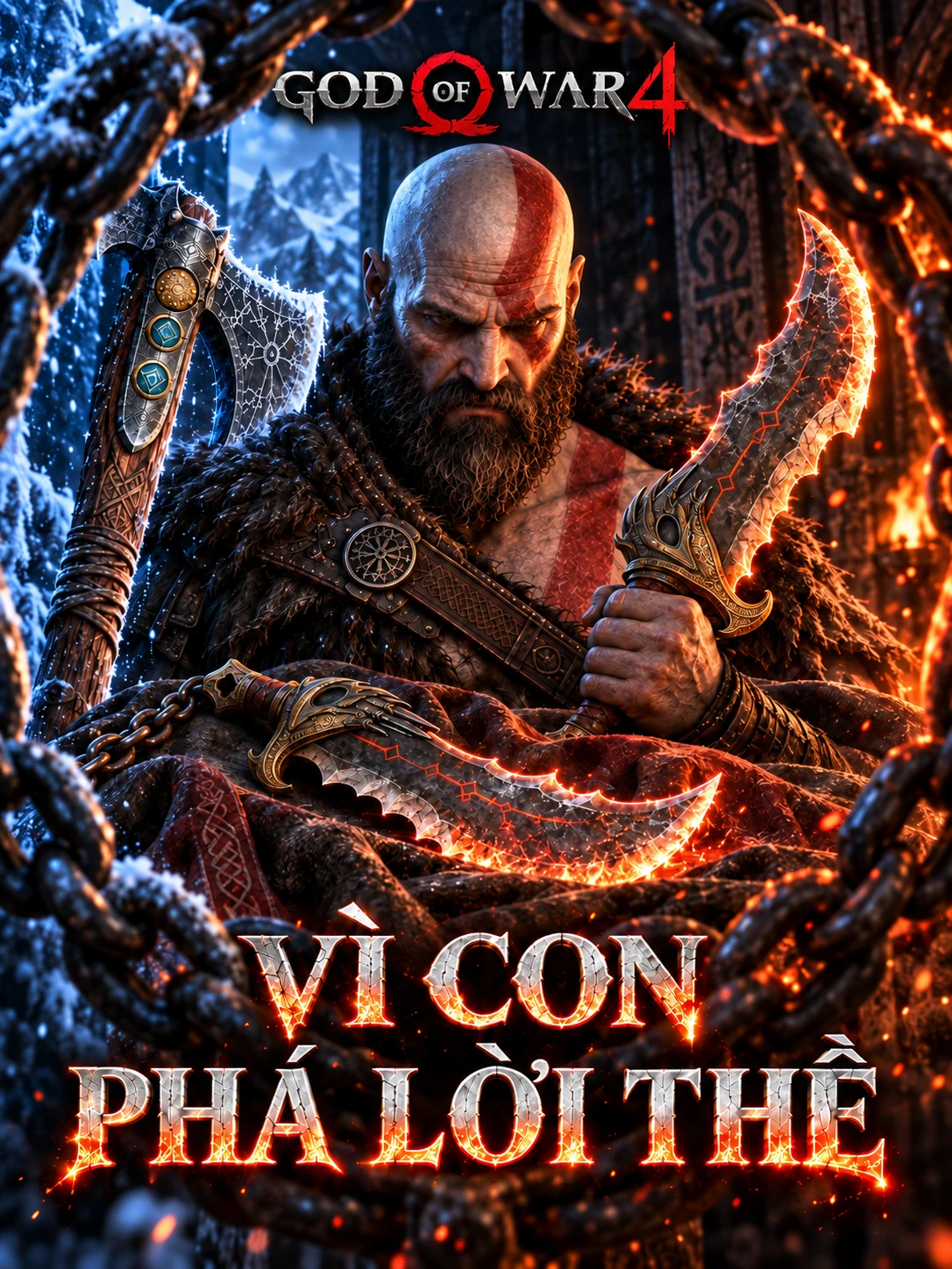 AI illustration: Kratos and the Blades within a large ring of chain, surrounded by red fire and blue ice.