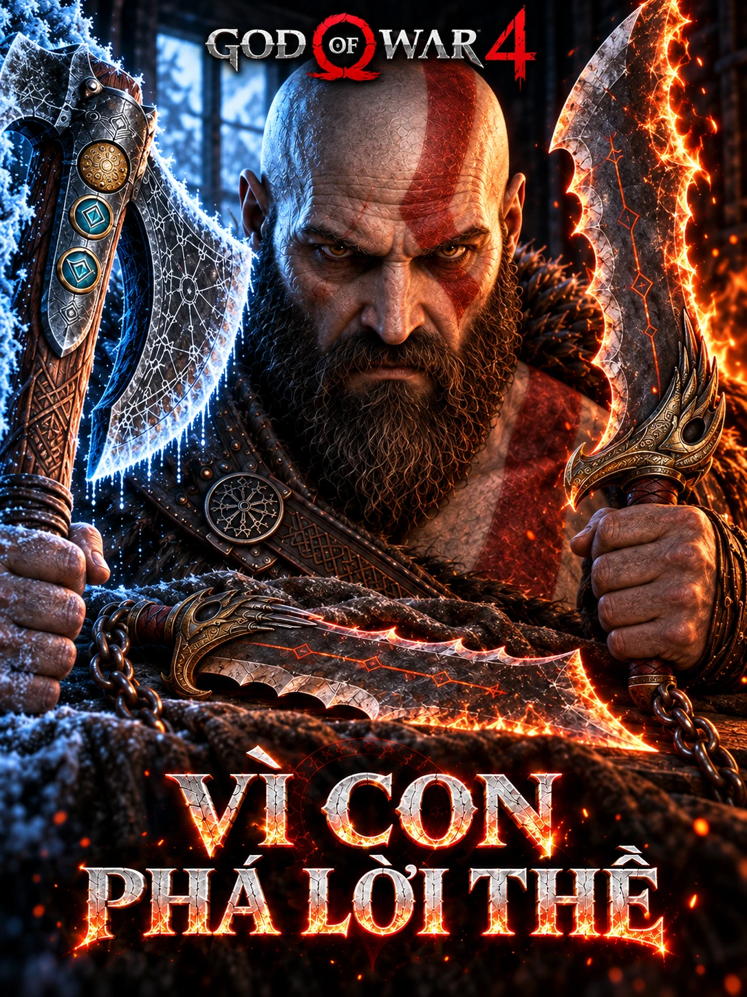AI illustration: Kratos looks ahead between the icy Leviathan Axe and fiery Blades, with the Vietnamese editorial headline below.