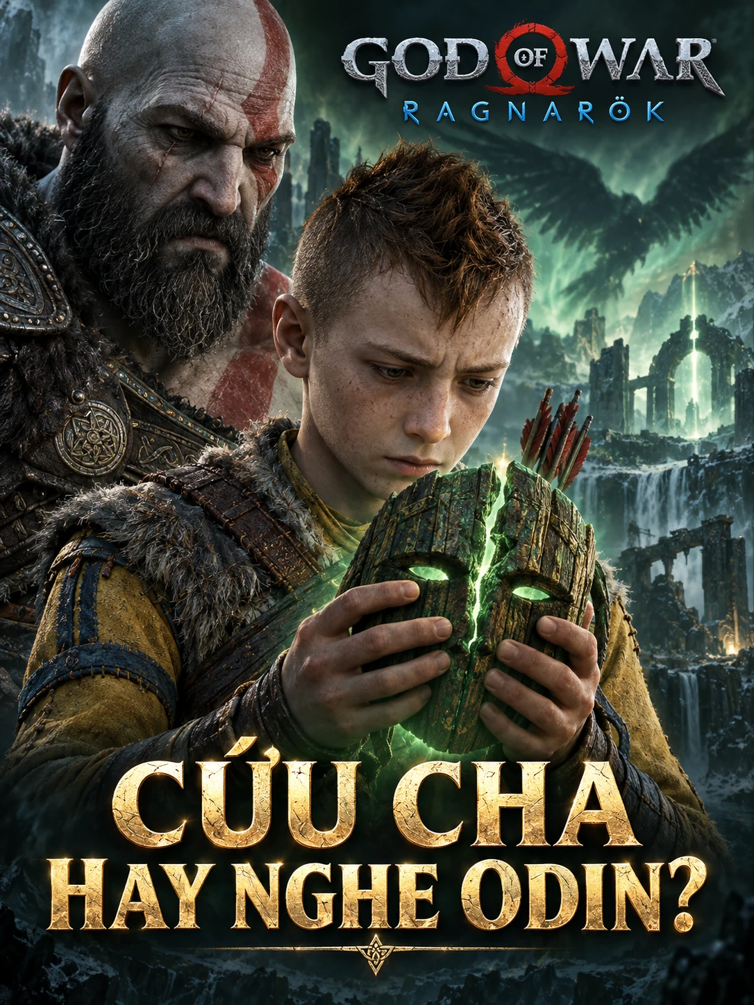 Atreus holds a green glowing mask with Kratos behind him.
