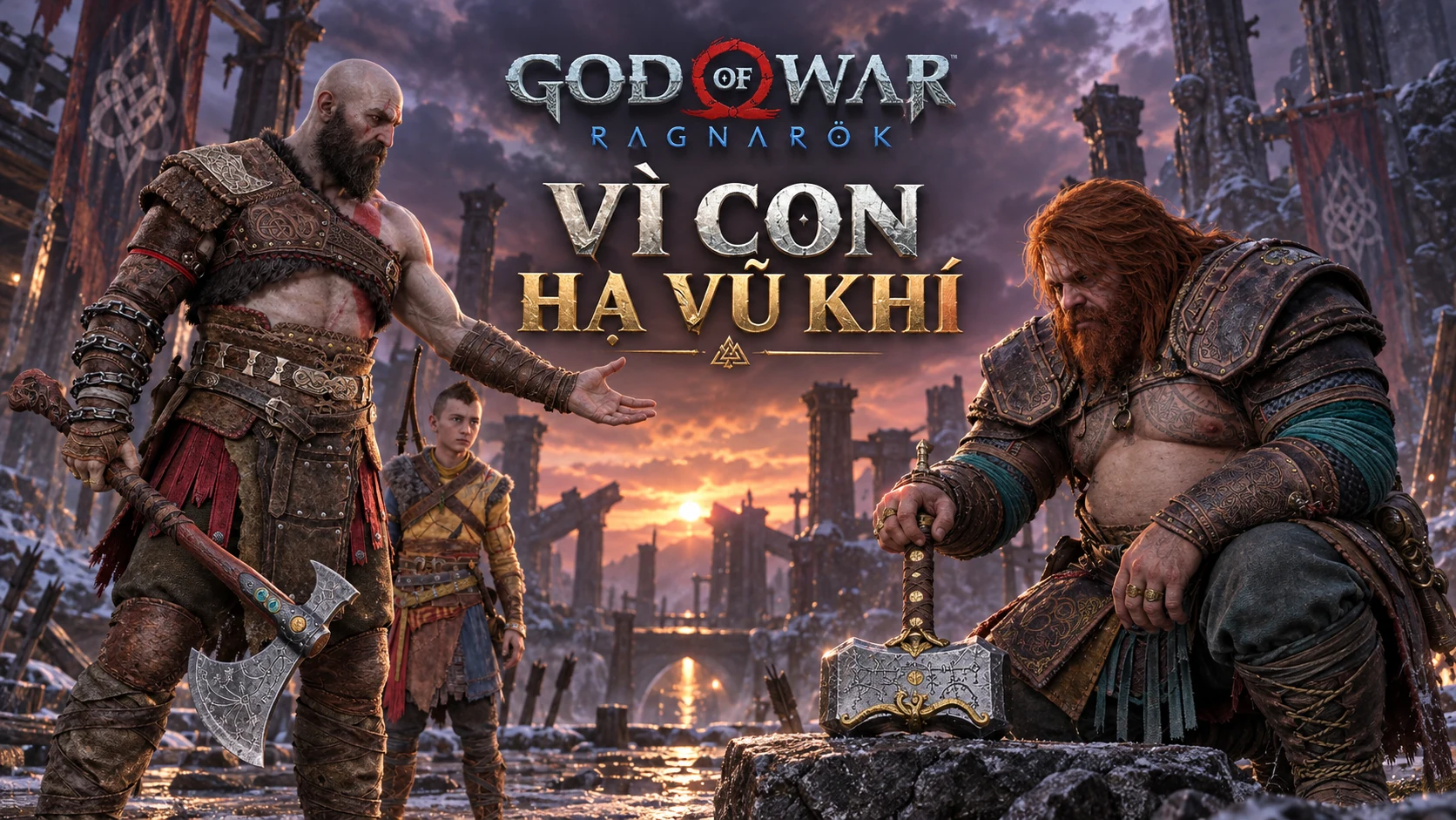 Kratos stands before a seated Thor among ruins, with a hammer on the ground.