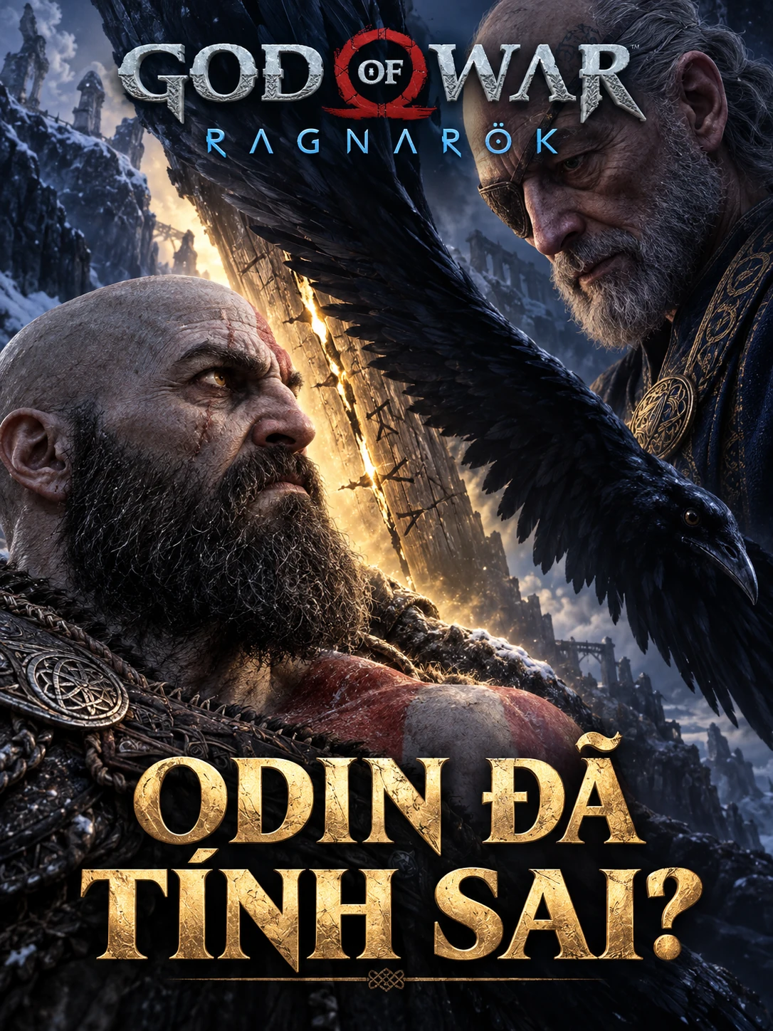 Kratos looks upward among a raven, light and Odin’s face.