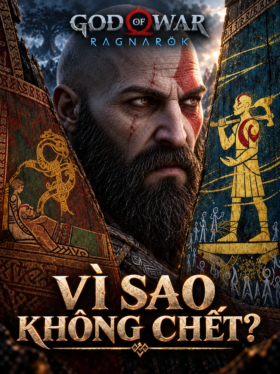 Kratos in profile between two murals, the Ragnarök logo and a Vietnamese question about his survival.