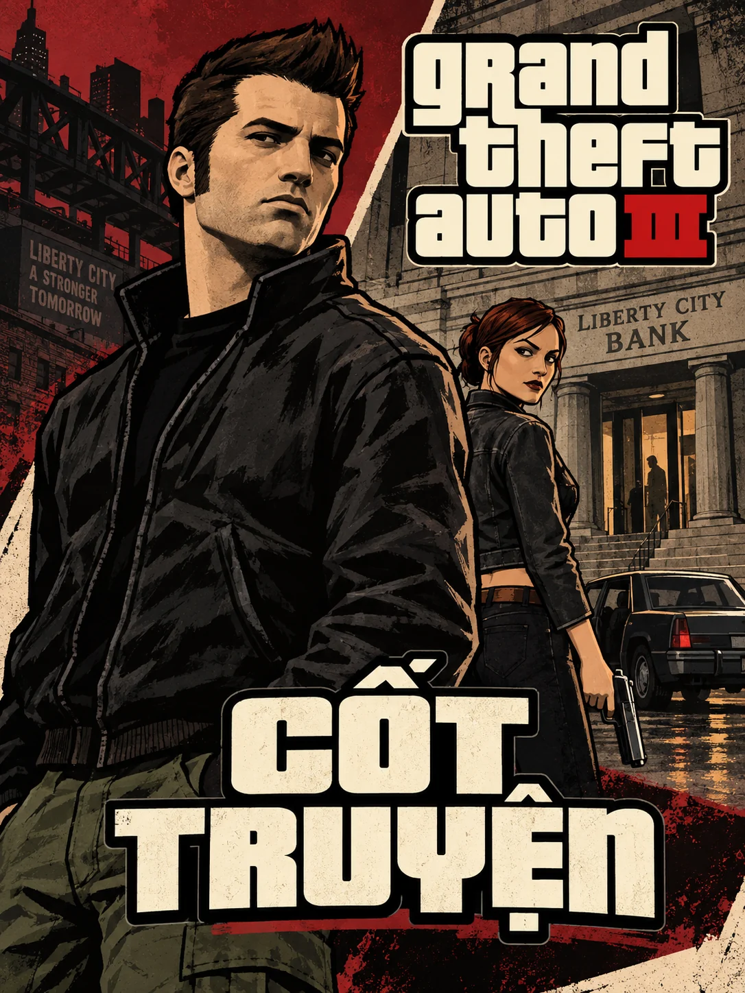 AI illustration: A portrait composition of Claude with Catalina, a bank and a Liberty City street. Includes the GTA III logo and the Vietnamese words Cốt Truyện (Story).