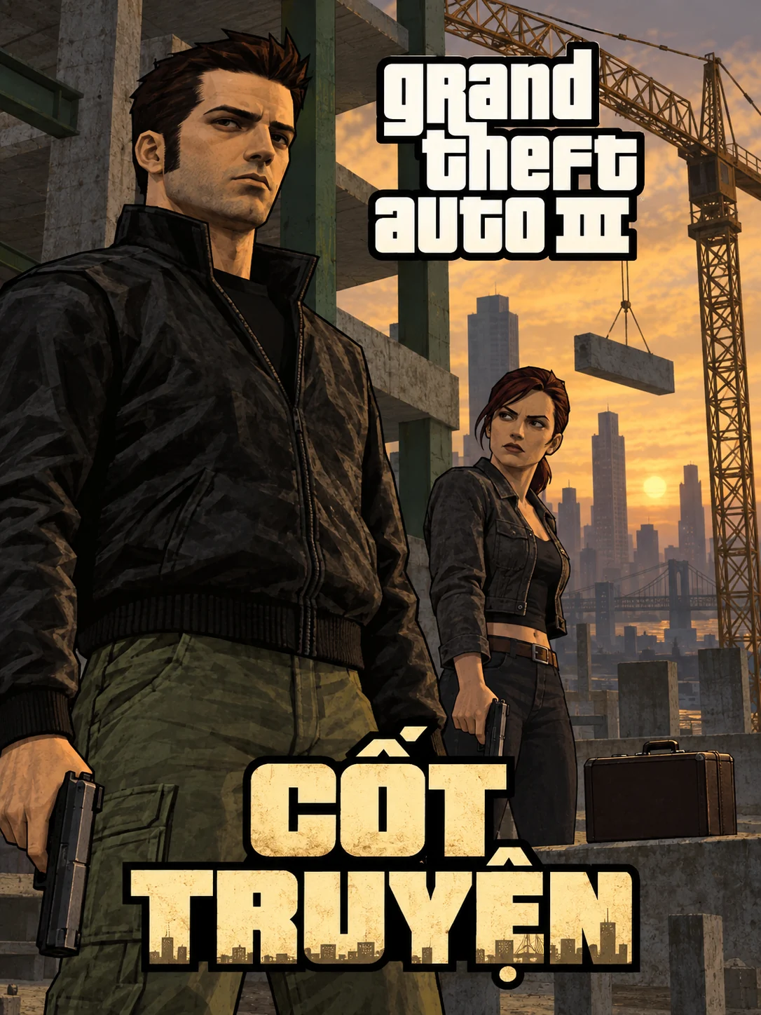 AI illustration: Claude and Maria before a construction site, cranes and a golden skyline. Includes the GTA III logo and the Vietnamese words Cốt Truyện (Story).