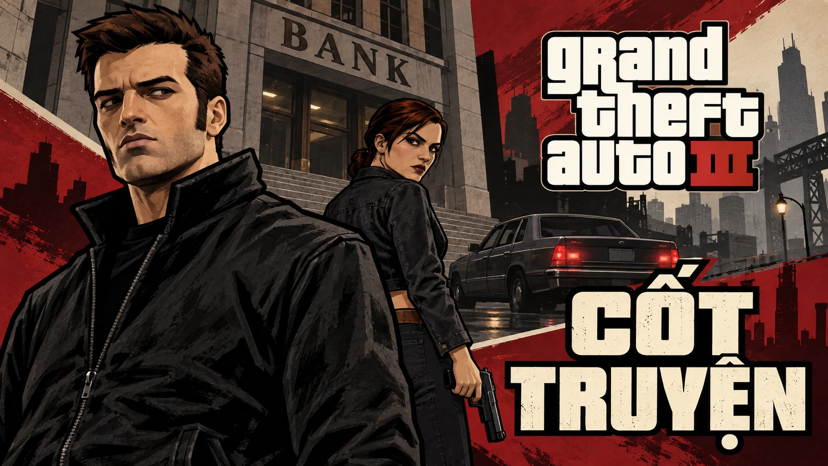 AI illustration: Claude and Catalina before a bank, a black car and city buildings in red, black and cream. Includes the GTA III logo and the Vietnamese words Cốt Truyện (Story).
