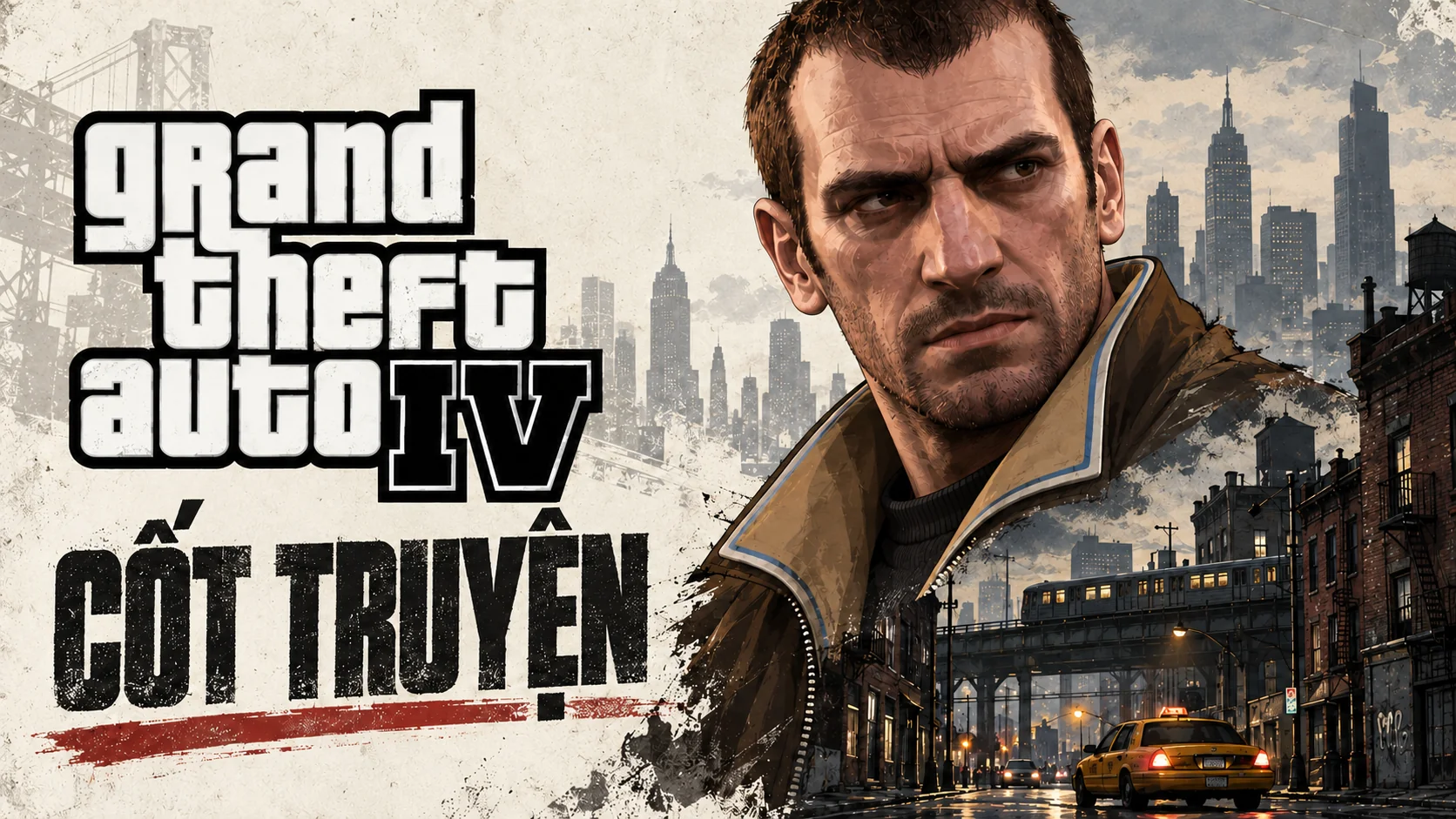 AI illustration: Niko Bellic blended with Liberty City buildings, the GTA IV logo and Vietnamese story lettering.