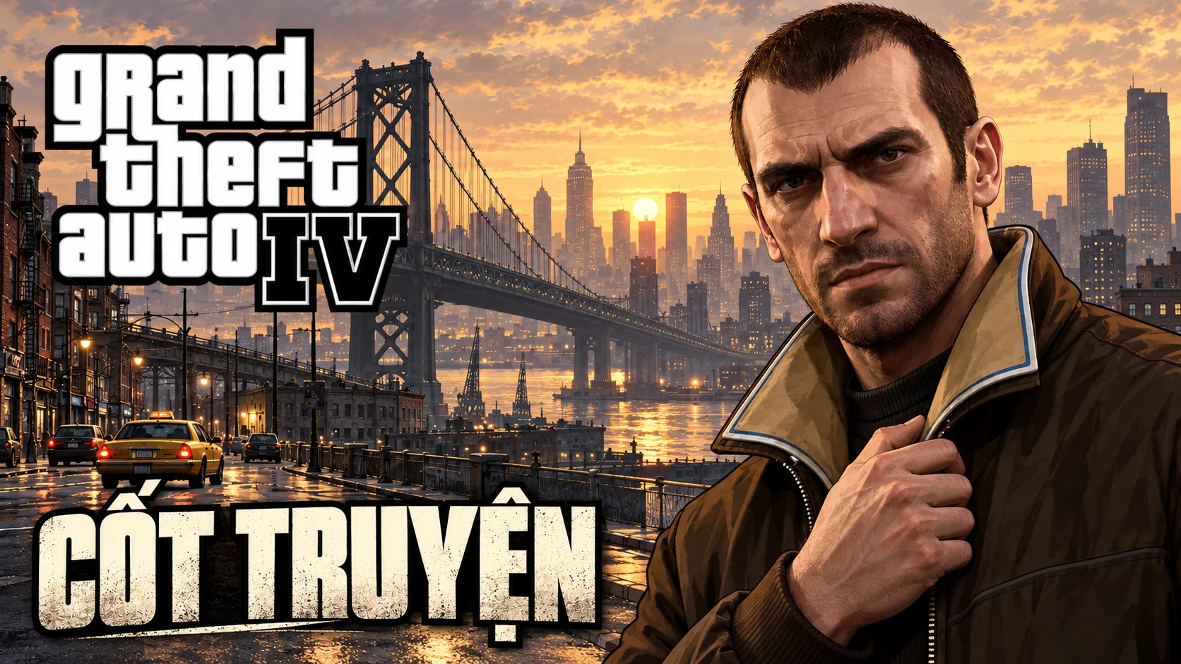 AI illustration: Niko beside a bridge and the Liberty City skyline at sunset.
