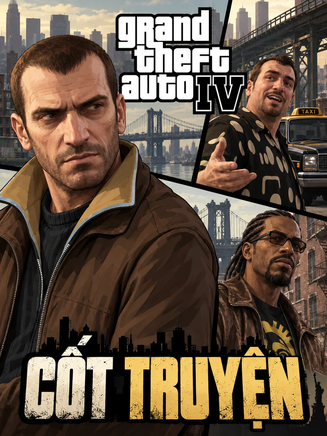AI illustration: Portrait composition with Niko, Roman, Little Jacob and the GTA IV logo.