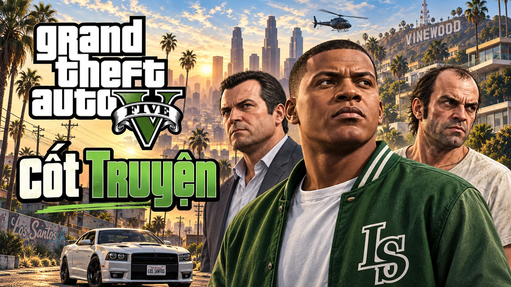 AI illustration: Franklin Clinton in a green jacket, with Michael and Trevor behind him, cars and the streets of Los Santos in late-afternoon light.