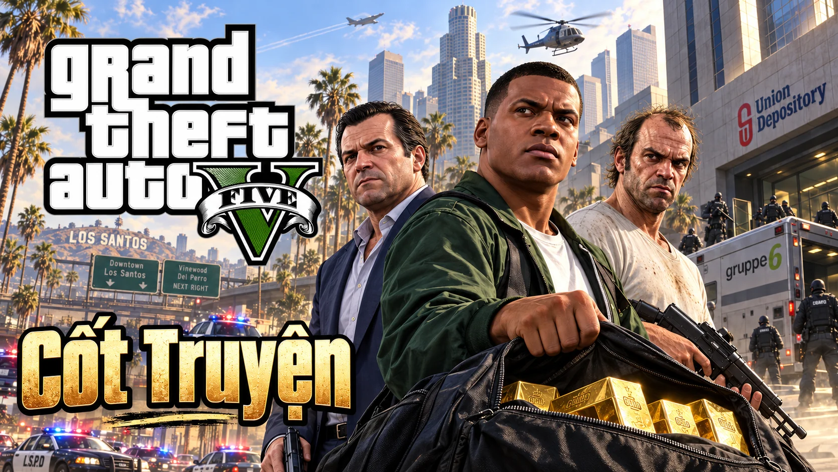 AI illustration: the GTA V protagonists carrying weapons beside gold bars and an armored truck, with Los Santos behind them.