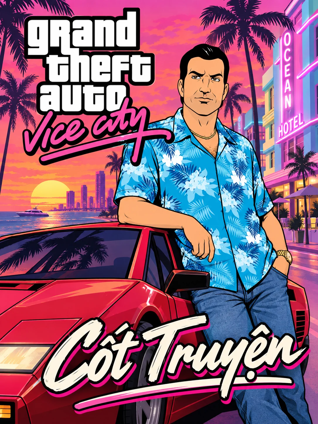 Comic-style illustration of Tommy beside a red car under palm trees. Includes the GTA Vice City logo and the Vietnamese words Cốt Truyện (Story).