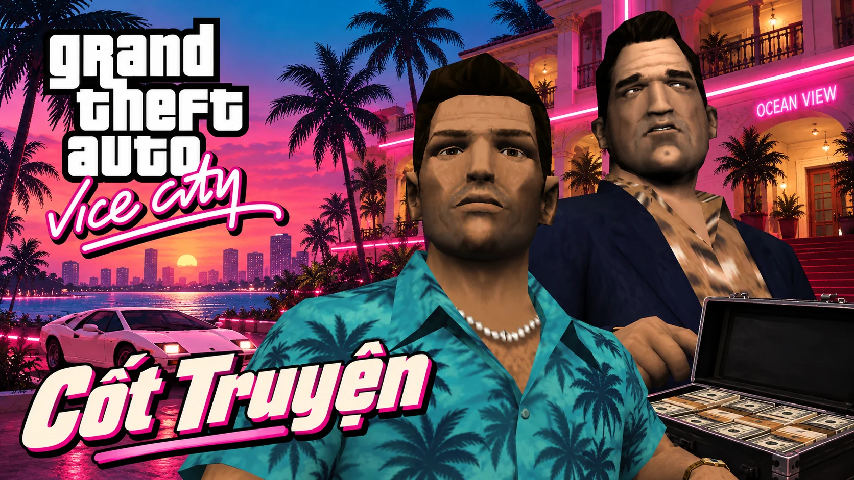 Tommy with a suited character and an open briefcase in front of neon streets. Includes the GTA Vice City logo and the Vietnamese words Cốt Truyện (Story).