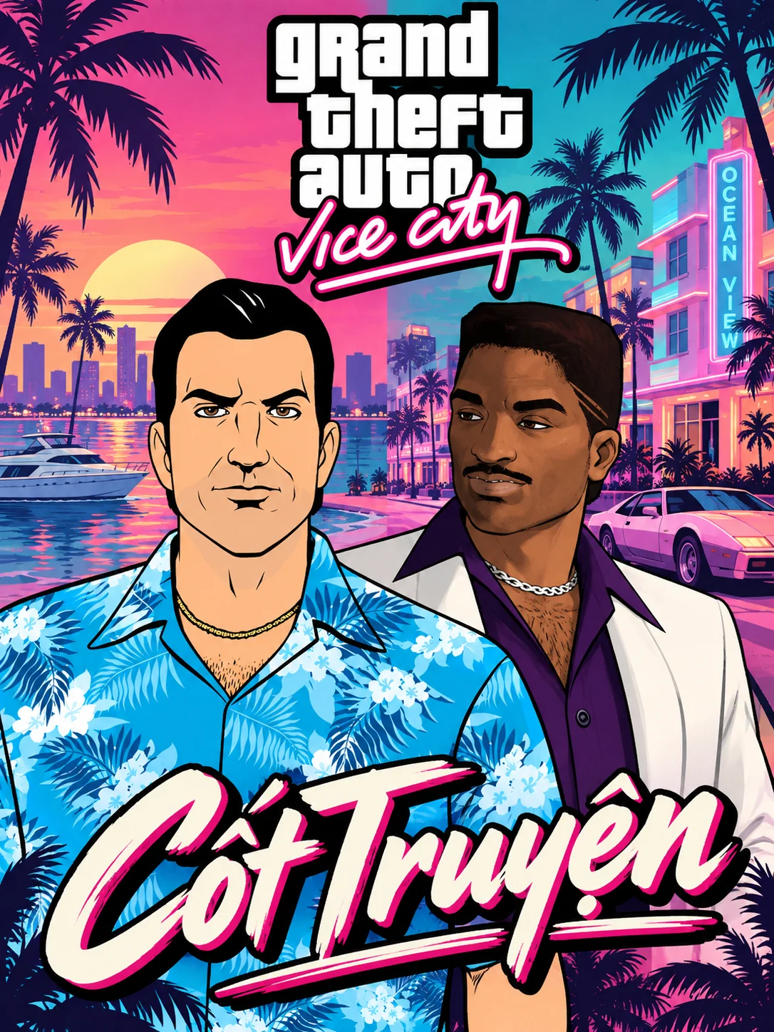 An illustration of Tommy and Lance amid palms, sunset and neon facades. Includes the GTA Vice City logo and the Vietnamese words Cốt Truyện (Story).