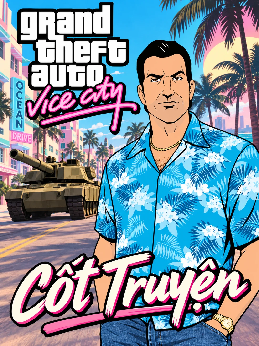 An illustration of Tommy in a blue shirt on a street with a tank and palm trees. Includes the GTA Vice City logo and the Vietnamese words Cốt Truyện (Story).