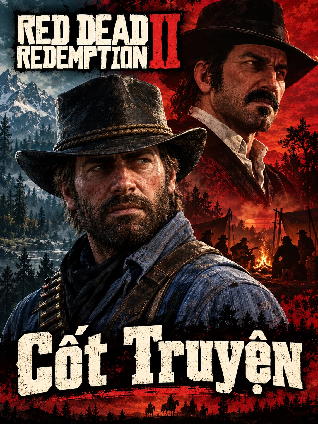 AI illustration: Arthur in the foreground, Dutch behind him, snowy mountains and a campfire in a portrait composition. Includes the Red Dead Redemption II logo and Vietnamese Cốt Truyện lettering.