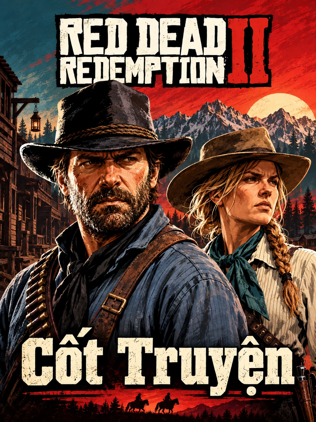 AI illustration: Arthur and Sadie in a portrait composition, with a frontier street and mountains behind them. Includes the Red Dead Redemption II logo and Vietnamese Cốt Truyện lettering.