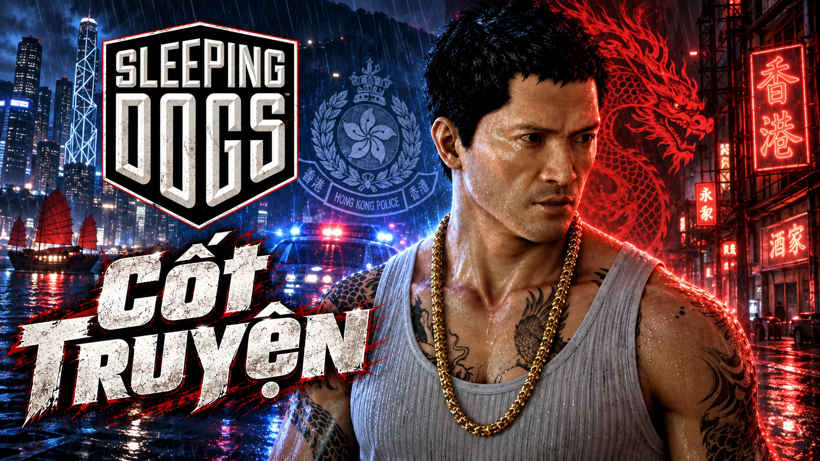 AI illustration: Wei Shen between a city, blue police lights and red signs, beside a dragon motif. Includes the Sleeping Dogs logo and the Vietnamese words Cốt Truyện (Story).