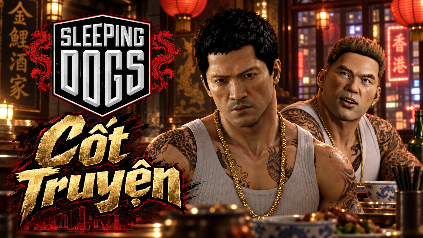 AI illustration: Wei Shen and a man behind him, beside a dining table under restaurant lanterns. Includes the Sleeping Dogs logo and the Vietnamese words Cốt Truyện (Story).