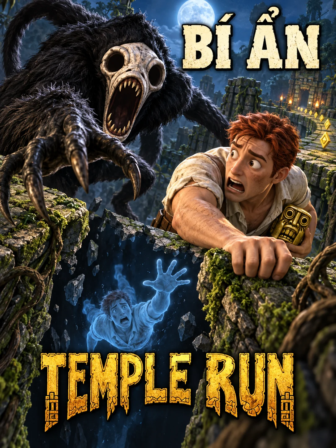 AI illustration: a person hanging from a bridge, a blue figure in the chasm below and a creature above.