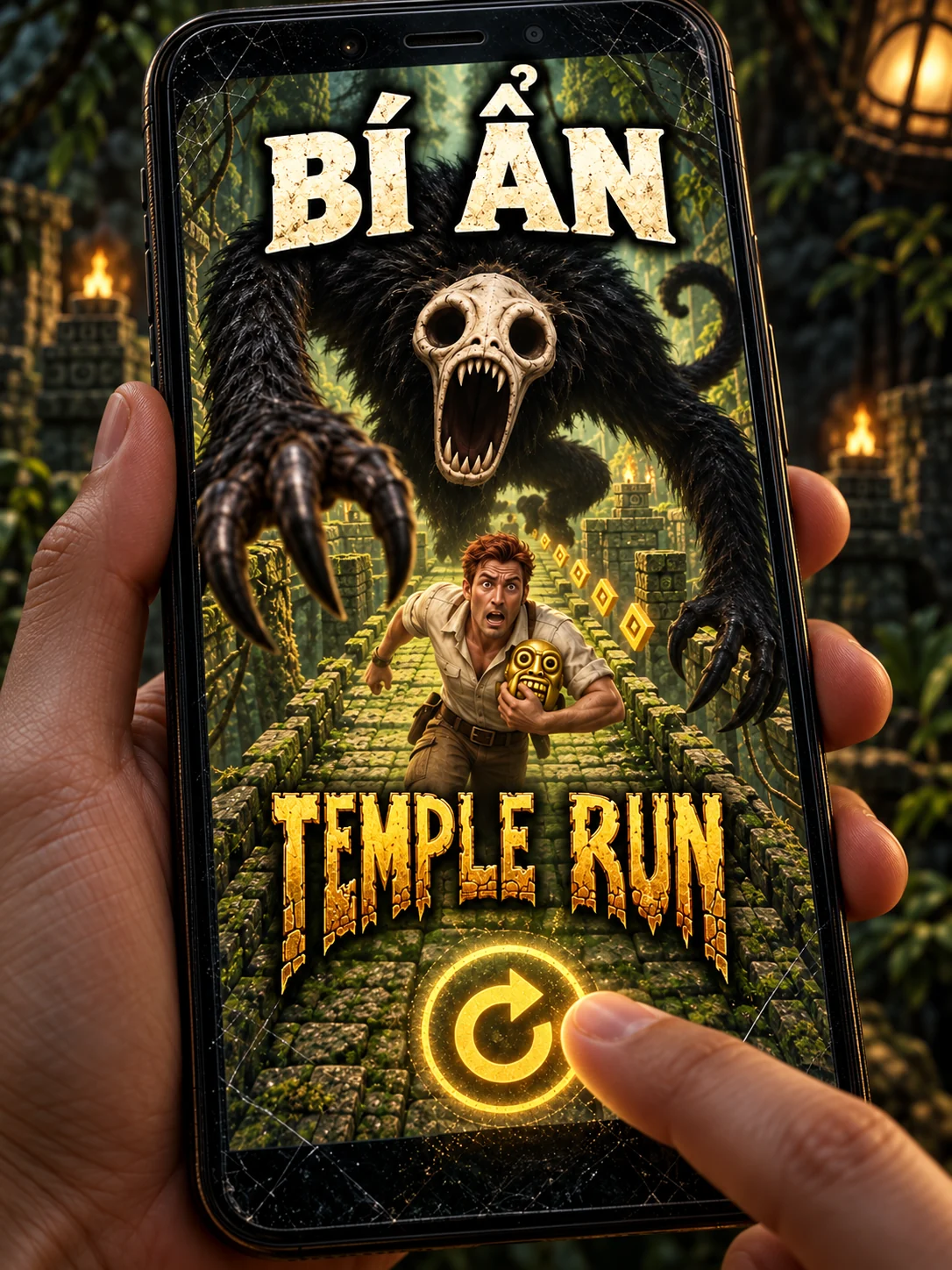 AI illustration: a hand holding a phone showing a runner and a creature, with a finger reaching for a restart button.
