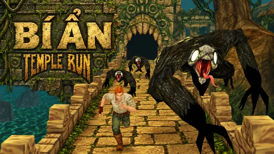 AI illustration: a runner on a stone bridge pursued by Demon Monkeys, with a Temple Run mystery headline carved into the temple wall.