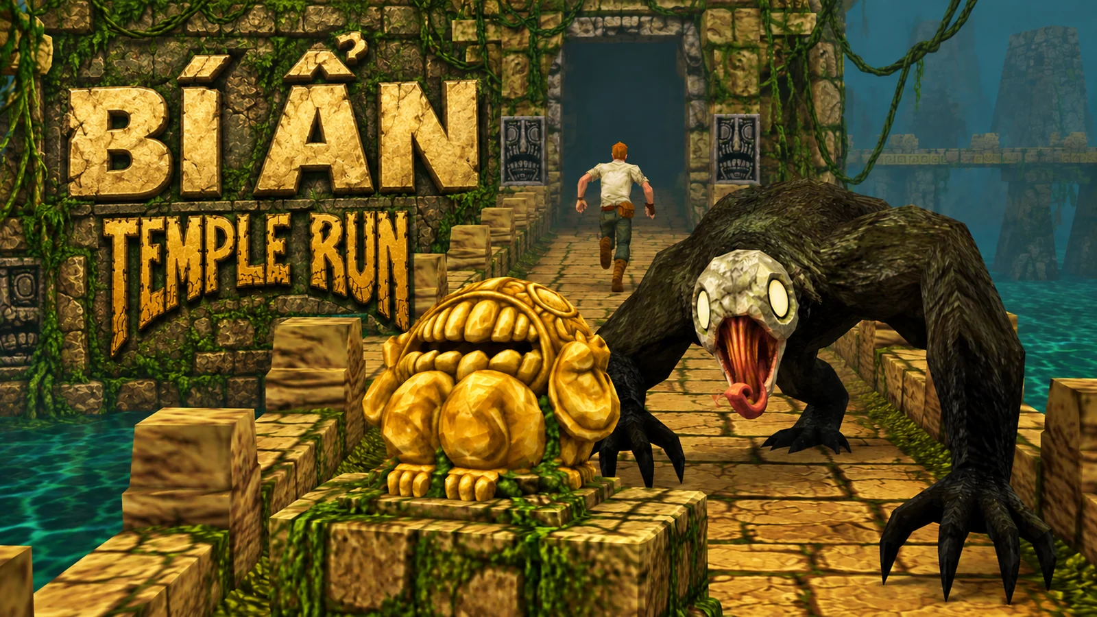 AI illustration: a golden idol in the foreground, a runner heading towards a temple gate and a Demon Monkey to the right.