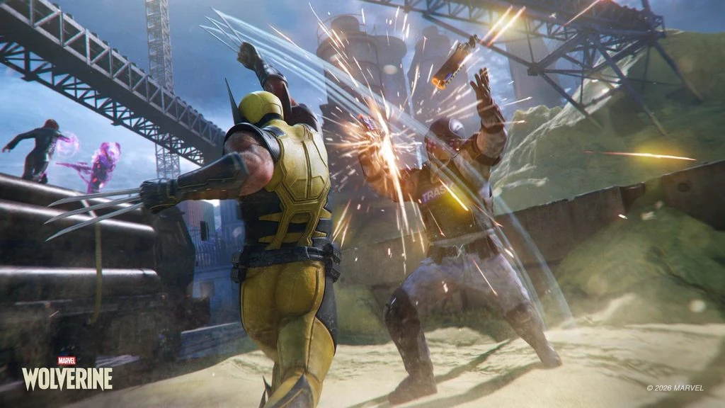 Wolverine slashes through an enemy soldier’s gun while Jean Grey fights in the background.