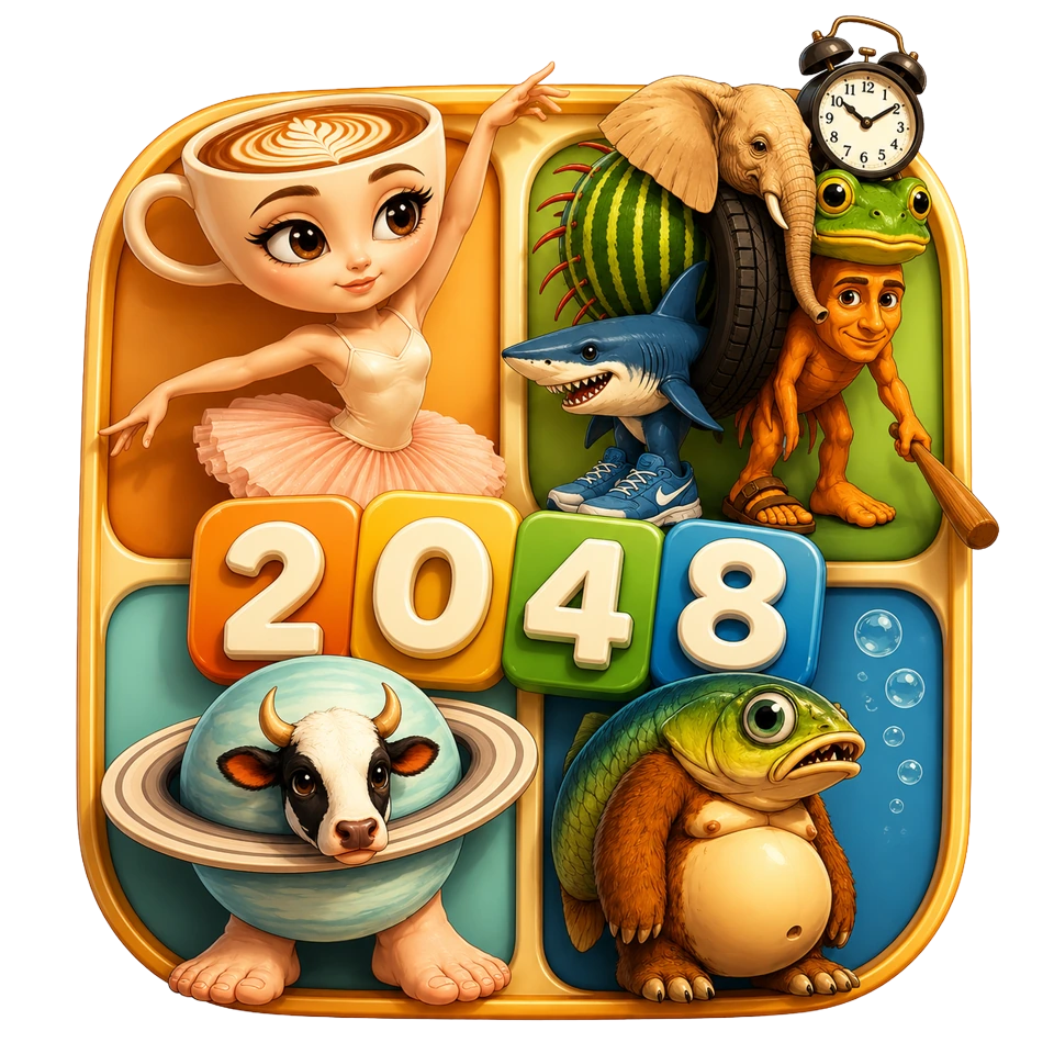 Brainrot 2048 Challenge characters arranged around colorful 2048 number tiles