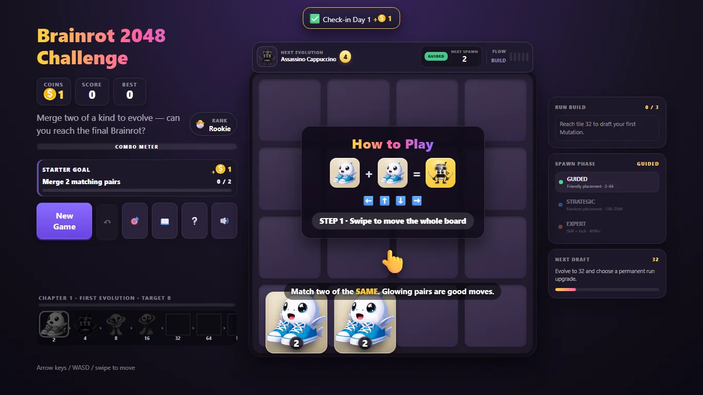Brainrot 2048 Challenge gameplay board