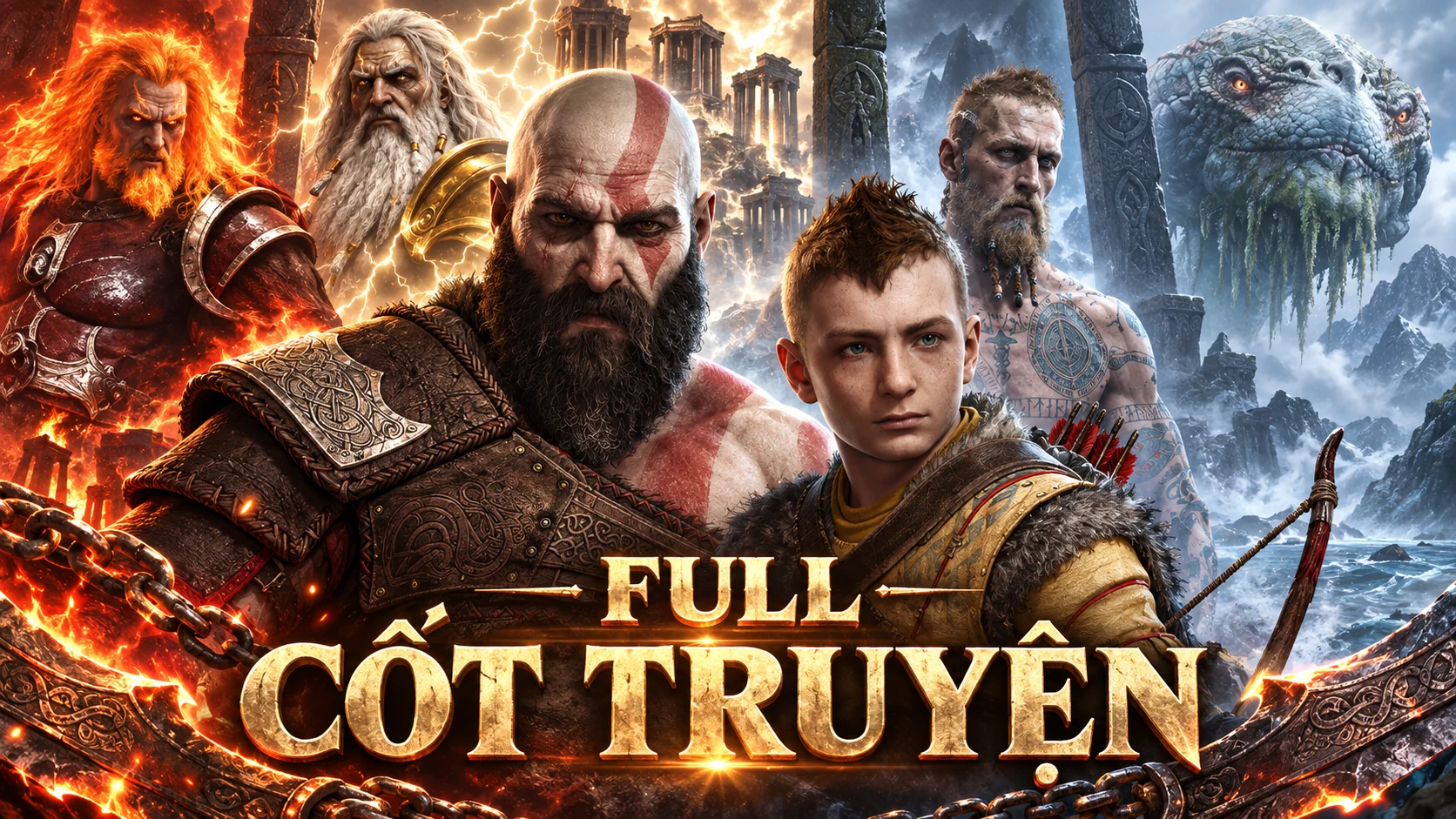 Một hành trình xuyên thần thoại trong ảnh minh họa AI, kết hợp Kratos, Atreus và thần thoại Hy Lạp, Bắc Âu.