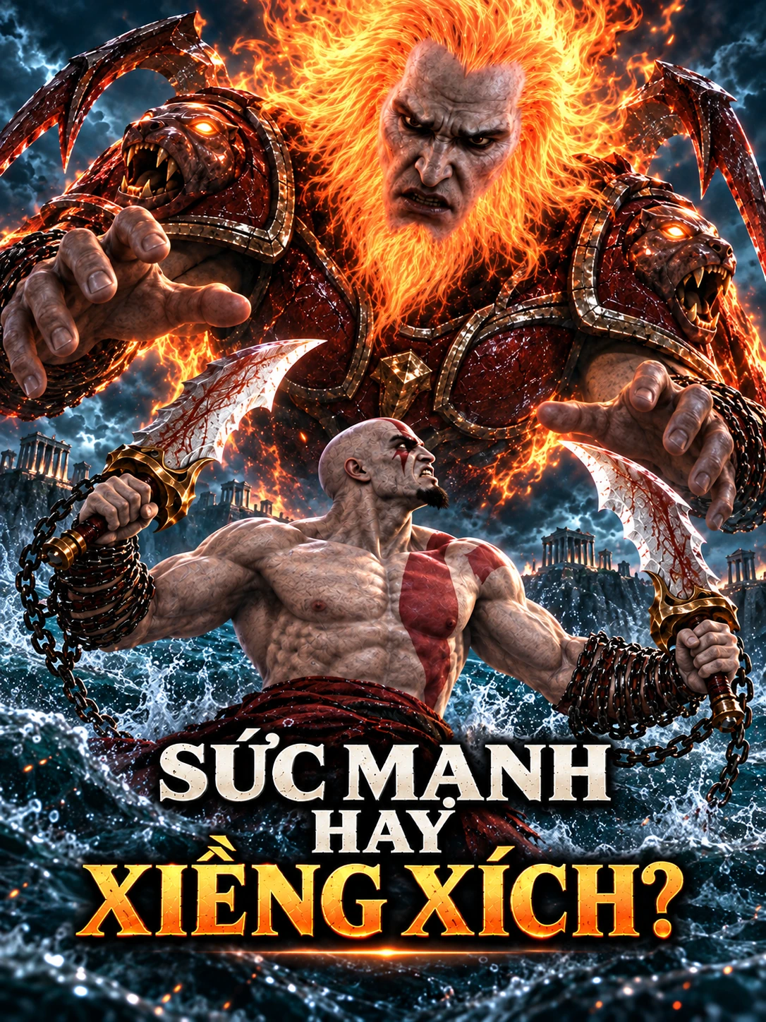 Minh họa AI khổ dọc: Kratos cầm song đao giữa sóng nước, Ares vươn tay từ phía sau trong ánh lửa, với dòng chữ Sức mạnh hay xiềng xích.