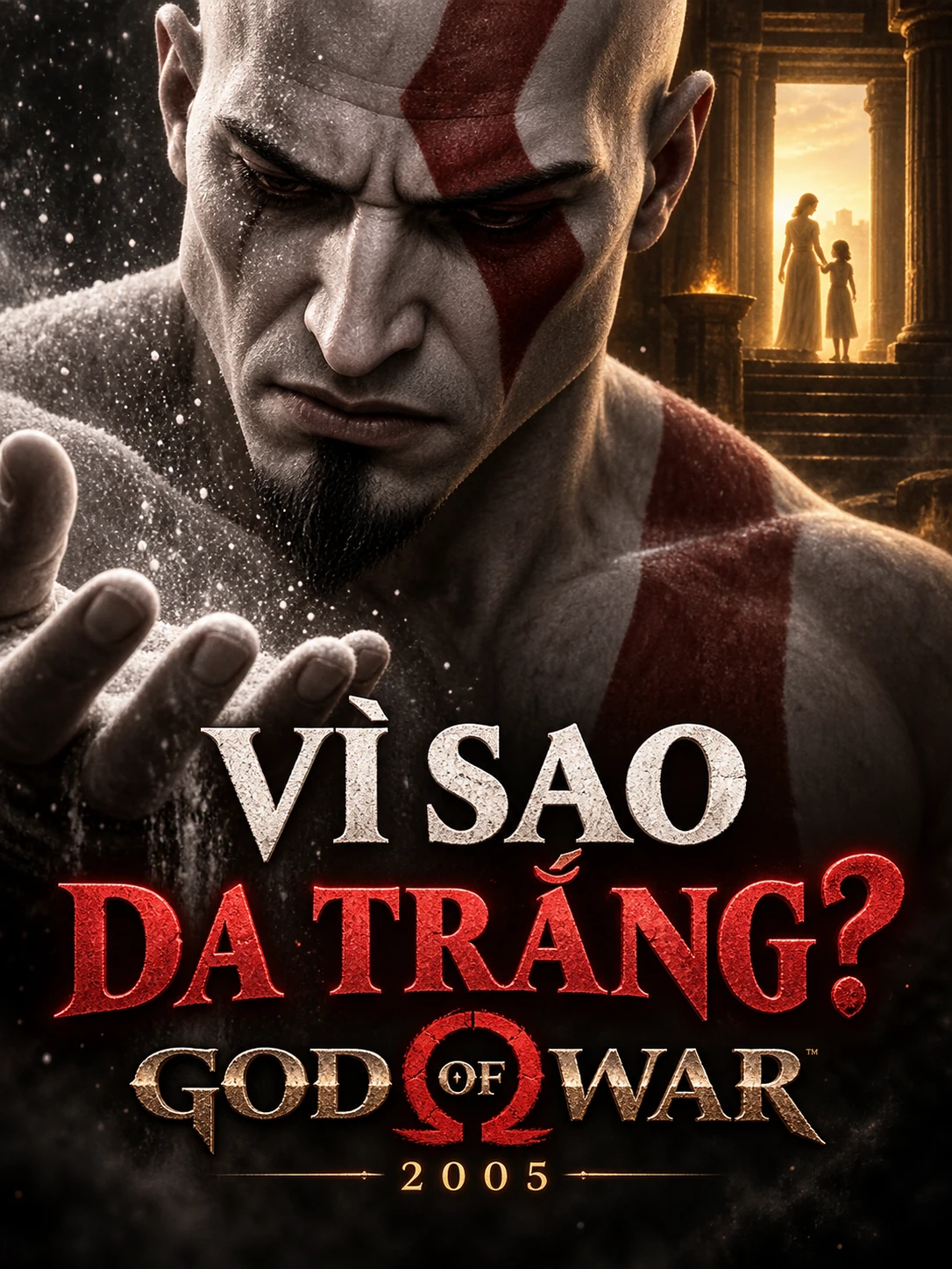 Minh họa AI: Kratos nhìn tro trong lòng bàn tay, sau lưng là bóng gia đình trong khung cửa.