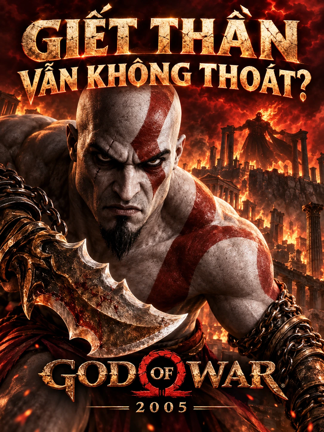 Minh họa AI: Kratos giữa thành phố cháy, với câu hỏi Giết thần vẫn không thoát.
