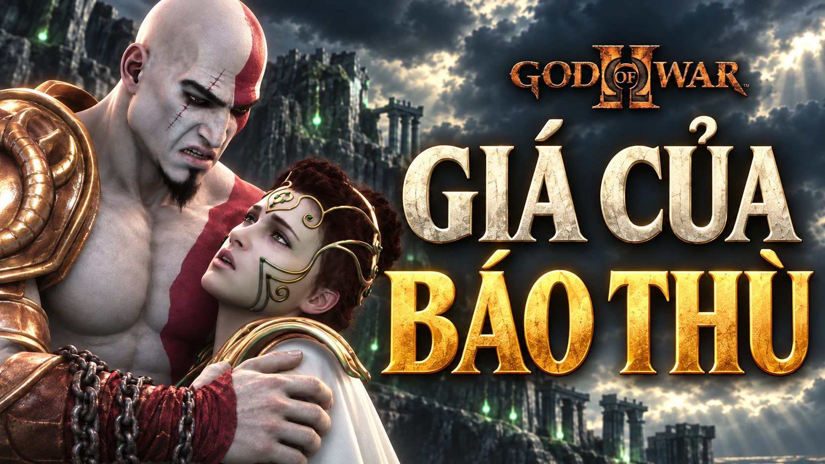 Minh họa AI: Kratos đỡ Athena trong tay, cạnh dòng chữ Giá của báo thù và logo God of War II.
