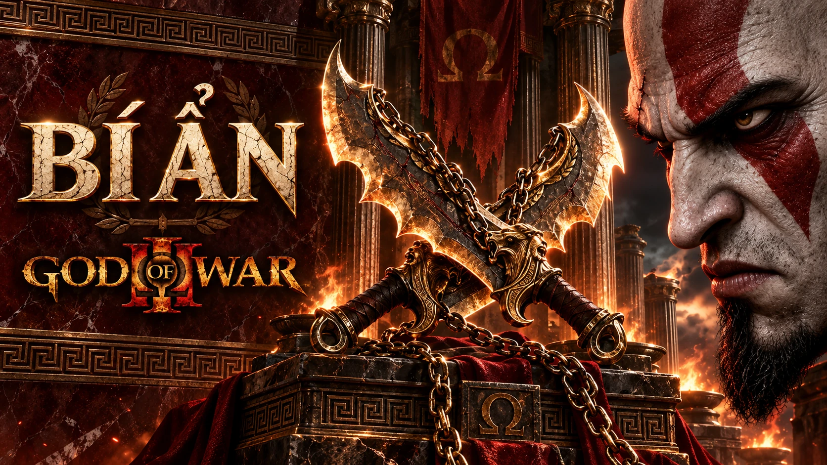 Minh họa AI: Kratos bên những lưỡi kiếm xích giữa ánh lửa đỏ, cùng chữ Bí ẩn và logo God of War III.