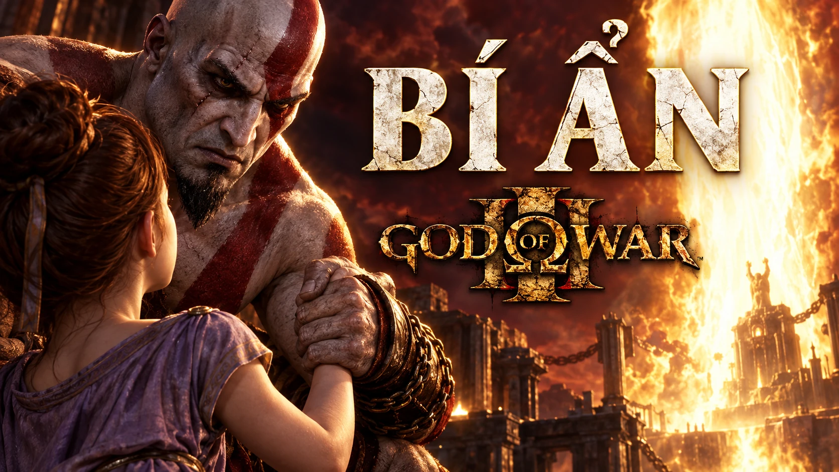 Minh họa AI: Kratos nắm tay Pandora trước ngọn lửa rực sáng, cùng chữ Bí ẩn và logo God of War III.